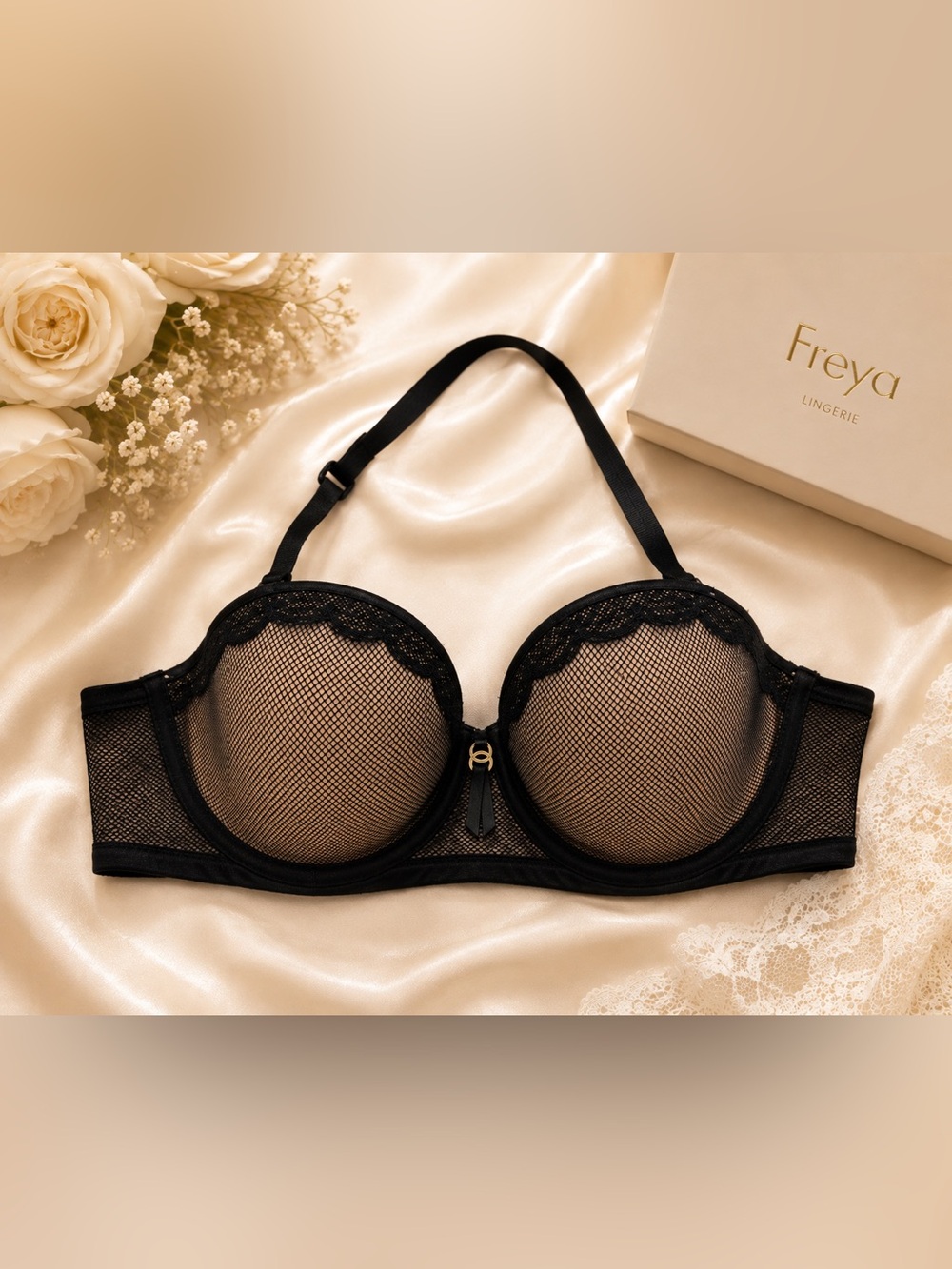 Freya 34D Black Nude Mesh Underwire Halter Strap Bra AA1803